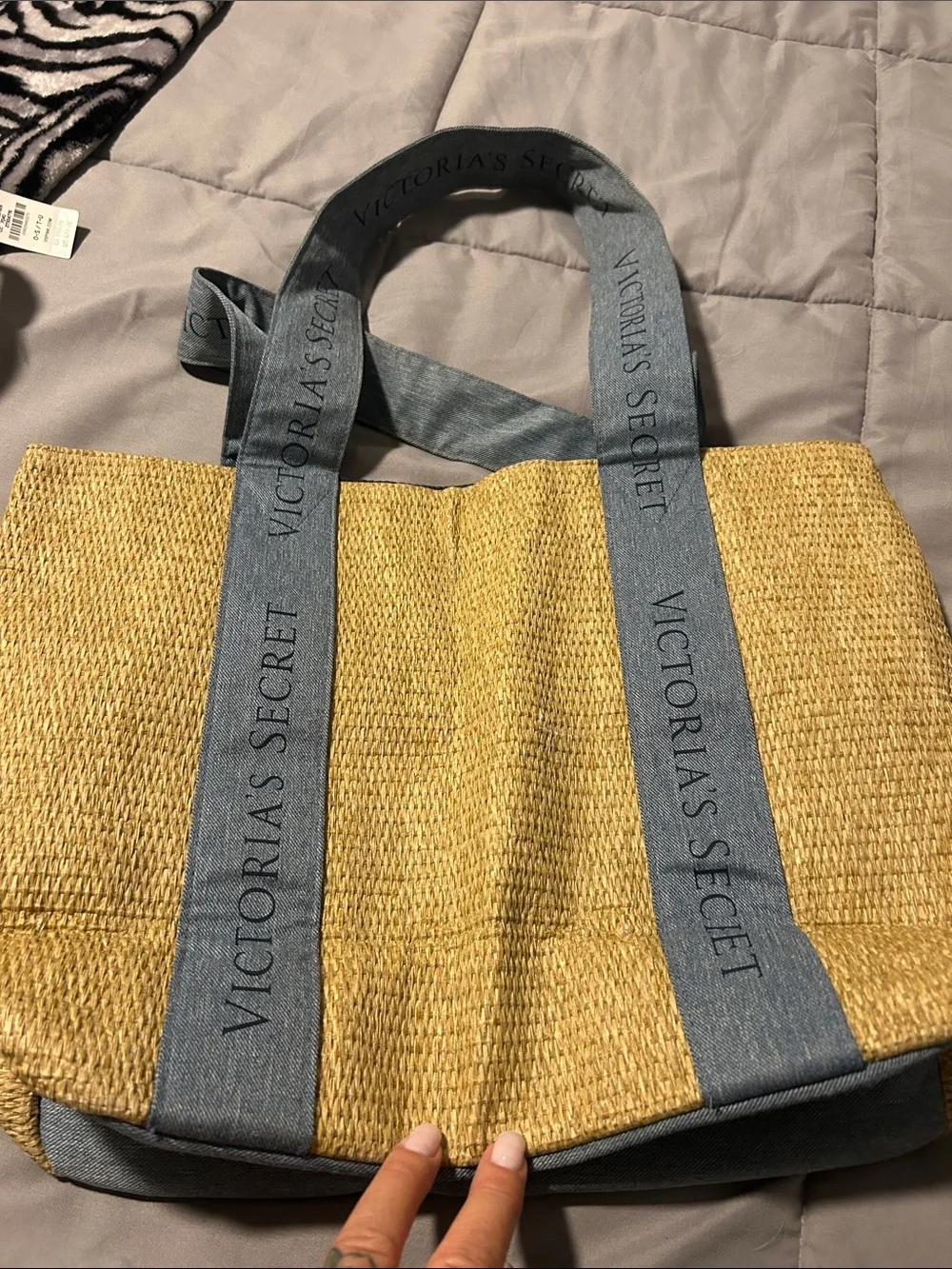 Victoria's Secret Tan Straw Tote with Denim-Blue Straps